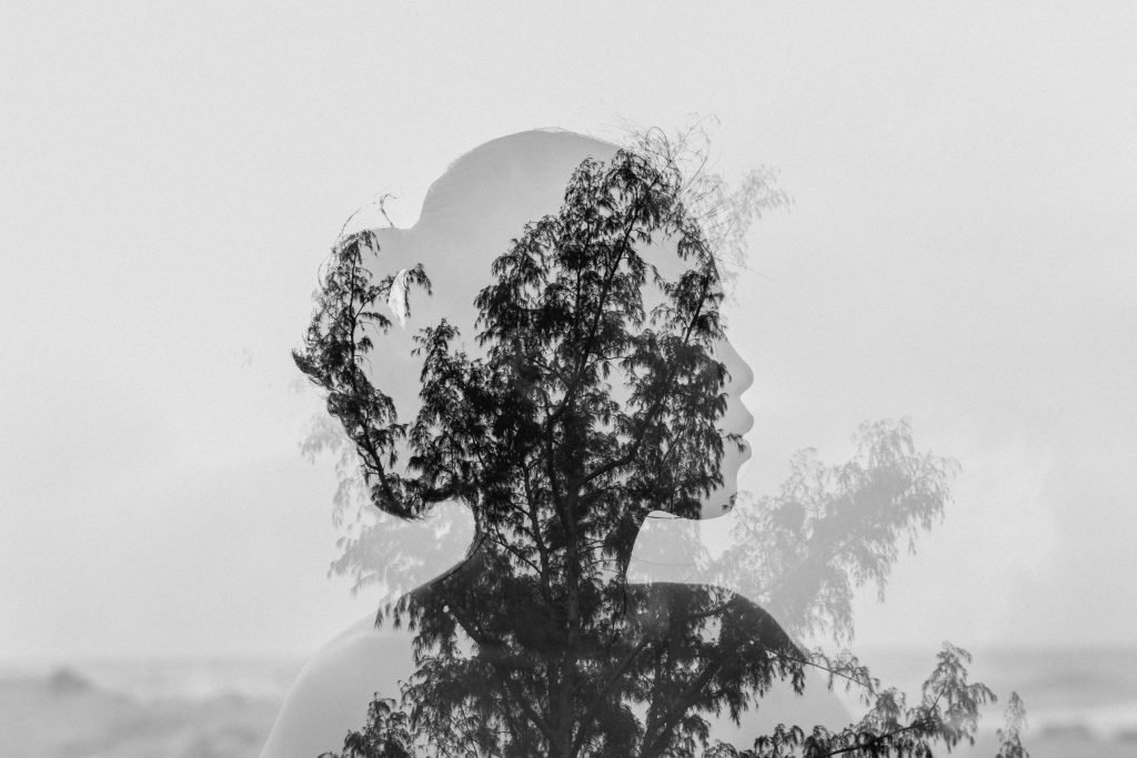 Image of a woman's face behind a tree