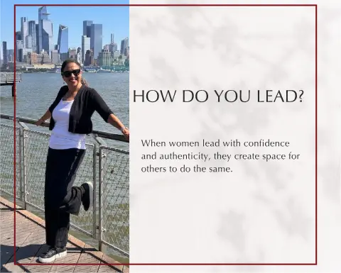 Woman standing aganst a fence by hudson river. NYC background-women leadership